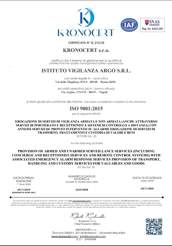 Argo Certificato di Qualità